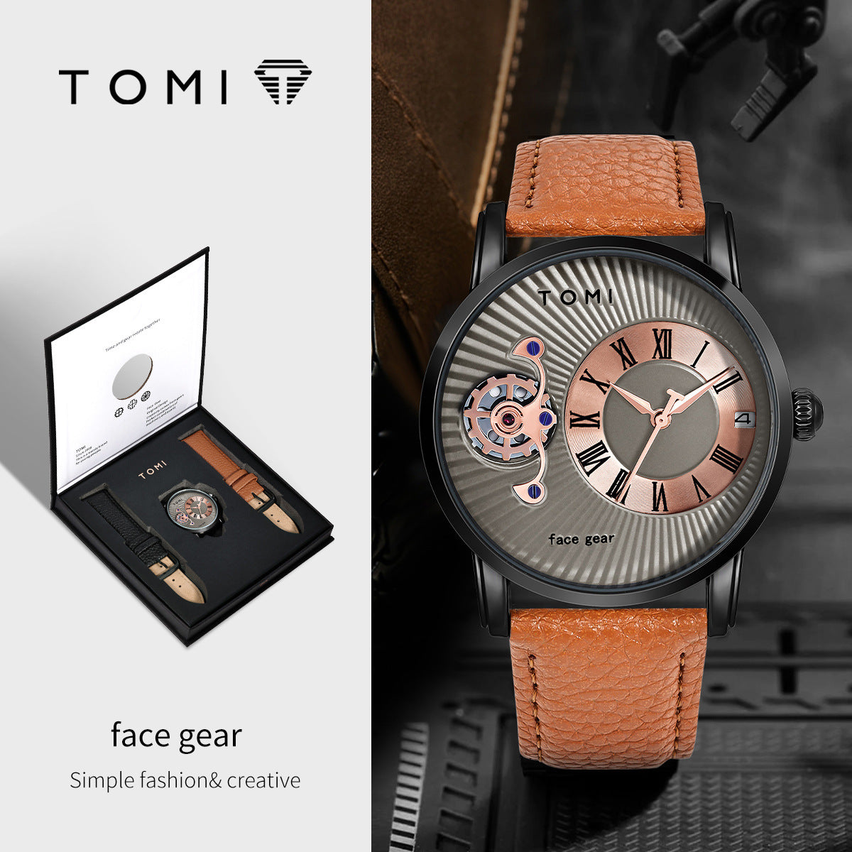 TOMI T-104 Face gear dual strap luxury men's watch