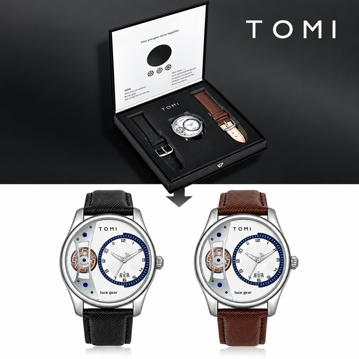 TOMI T-105 Face Gear dual strap luxury men's watch
