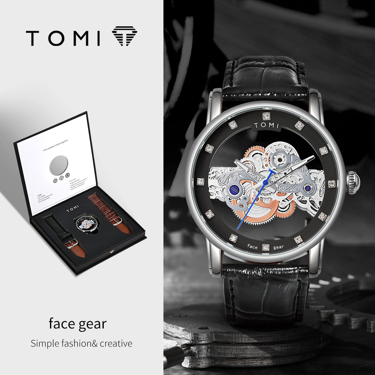 TOMI T-102 Face gear dual strap luxury men's watch